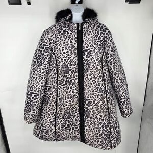 INTL DETAILS Leopard Puffer Coat Womens 1X Black Faux Fur Hood Winter Jacket